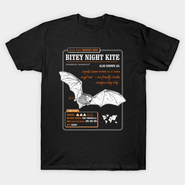 Funny Bat Fact File - Bitey Night Kite T-Shirt by dumbshirts